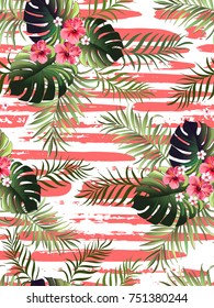 Seamless tropical vector pattern with tropical plants and palm leaves. Fashion jungle print for design.