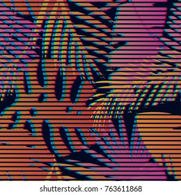 Seamless tropical vector pattern with tropical plants. Hand drawn brush strokes. Fashion jungle print for design.