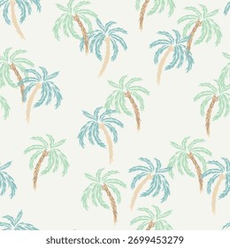Padrão de vetor tropical sem costura com palmeiras verdes e turquesa sobre um fundo bege claro. Design elegante e fresco para têxteis de verão, papéis de parede e embalagens
