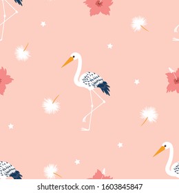 Seamless Tropical Vector Pattern with Stork Birds, stars and dandelion white flowers for fabric, textile, print