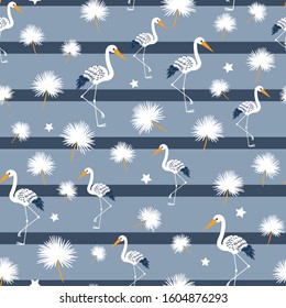 Seamless Tropical Vector Pattern with Storks and white flowers on a striped background for textile, print, fabric