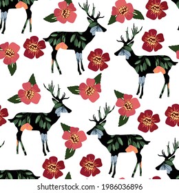 Nahtlose tropische Vintage-Blumenhintergrund mit Hirsch. Nahtlose Sommerblumenmuster mit wilden Tieren.
