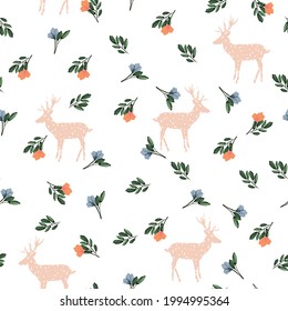 Seamless tropical vintage flower  pattern background with deer and flowers. Seamless summer floral pattern with wild animals.