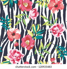 seamless tropical vintage flower vector pattern on zebra background