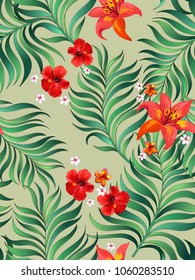 Seamless Trotical pattern with palm leaves and hibiscus flowers.