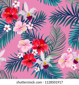 Seamless Trotical pattern with palm leaves and hibiscus flowers.