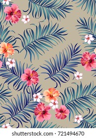 Seamless Trotical pattern with palm leaves and hibiscus flowers.