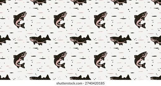 Seamless Trout Fish Pattern in Hand Drawn Style, Fishing Outdoor Repeat Background