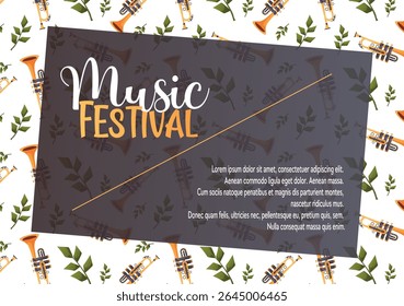 Seamless trumpet and leaf pattern with music festival title in the center. Great for concert banners, backgrounds, flyers or digital promotion.
