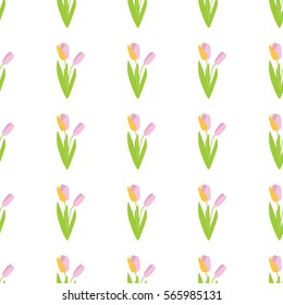 Seamless tulip blossom pattern on a white background. Spring background. Vector illustration.