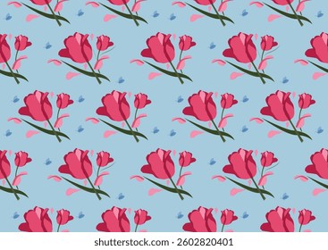 Seamless Tulip Floral Pattern with Blue Background