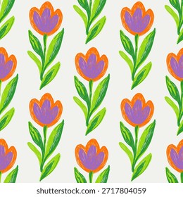 Patrón floral de tulipán sin costuras con flores de estilo crayón dibujadas a mano y hojas verdes sobre fondo claro, diseño de repetición botánica juguetona para el Fondo de pantalla textil de la tela.