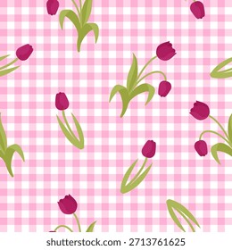 Patrón floral de tulipán sin costuras con fondo de guinga rosa, estética pastel suave, diseño de repetición de Vector perfecto para telas, empaques, decoración de primavera y proyectos femeninos lindos.