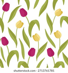 Patrón floral de tulipán sin fisuras con flores rosas y amarillas vibrantes, tema de primavera botánica en formato de Vector, perfecto para proyectos de tela, embalaje, Fondo de pantalla y diseño decorativo.