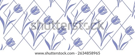 Seamless tulip flower pattern with geometric diamond grid background in a minimalist violet silhouette style. Perfect for fabric, wallpaper, packaging, and spring-themed design. Clean, modern vector