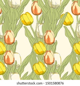 Seamless tulip flowers pattern. Colorful tulips, isolated on white background. Floral background. Watercolor painting. - Illustration-vector 