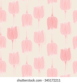 Seamless tulip flowers retro pattern. Pink melon on beige background. Reverse vertical layout with drop shadow. Vector illustration.