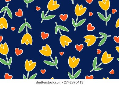 Seamless tulip and heart pattern with bright yellow flowers, green leaves, and red hearts on deep blue background, playful romantic design for prints.
