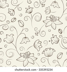 Seamless tulip and lily flower pattern. Brown outline on beige background.