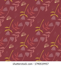 Seamless tulip ornament pattern. Simple hand drawn floral silhouettes in maroon colors. Botanic stylized print. Perfect for wallpaper, textile, wrapping paper, fabric print. Vector illustration.