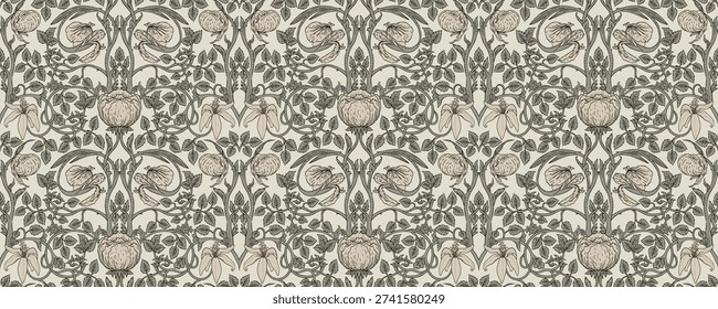 Seamless tulip pattern inspired by William Morris style. Classic floral design with repeating composition, for wallpaper, textiles, tapestry, and heritage-inspired decor.