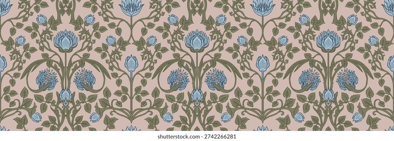 Seamless tulip pattern inspired by William Morris style. Classic floral design with elegant repeating composition, for wallpaper, textile, tapestry, and heritage-inspired decor.