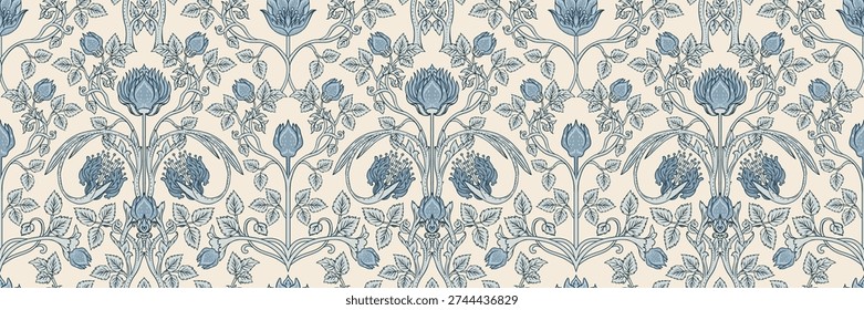 Seamless tulip pattern inspired by William Morris style. Classic floral design with elegant repeating composition, for wallpaper, textile, tapestry, and heritage-inspired decor.