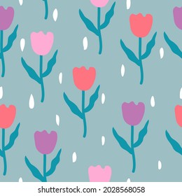 Seamless tulip pattern on green background. Tulip vector is used for wallpaper, publications, fabrics.