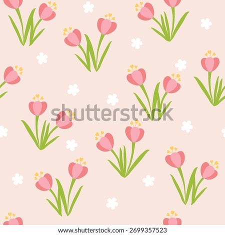 Seamless Tulip Pattern with Pink Flowers on Pastel Background
