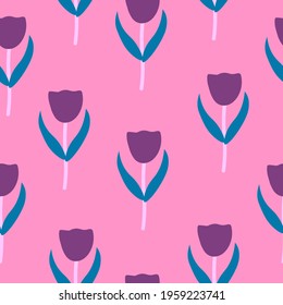 Seamless tulip pattern. Purple tulips with green leaves on a pink background. Flower background.