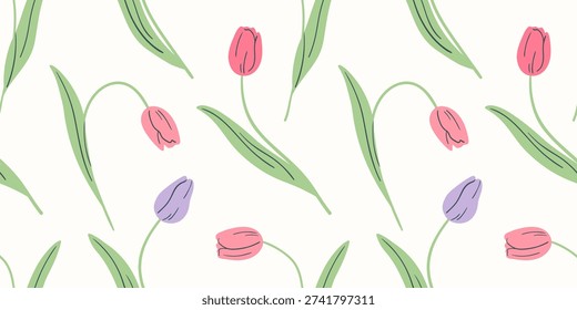 Seamless tulip pattern in sketch style with pastel colors