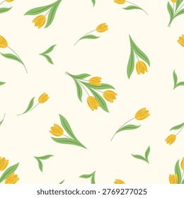 Seamless Tulip Pattern, Yellow Floral Background, Spring Flowers, Minimal Botanical Textile Design