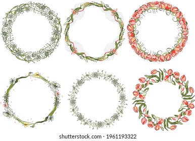 Seamless tulip wreaths.The basis for the postcard.Round floral pattern.A set of beautiful naturalistic graphic drawings. Holiday decoration.Easter. Valentine's Day, wedding, Mother's Day. Print