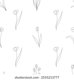 Seamless tulips pattern in minimalist style on the white background. Design for textile,wrapping paper, package,cover,wallpaper. Monochrome floral vector illustration.