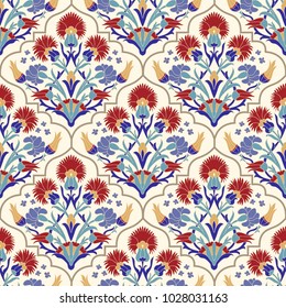 Padrão colorido turco sem costura. Padrão multicolor vintage em estilo oriental. O padrão floral infinito pode ser usado para azulejos cerâmicos, papel de parede, linóleo, têxtil, fundo da página da web. Vetor