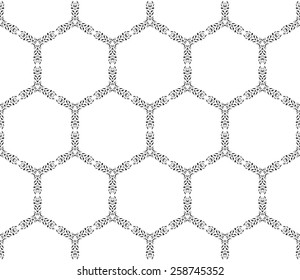 Seamless turkish geometric pattern with monochrome small flowers, leaves and hexagons.