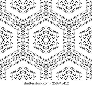 Seamless turkish geometric pattern with monochrome small flowers, leaves and hexagons.