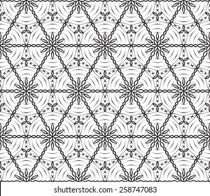 Seamless turkish geometric pattern with monochrome small flowers, leaves and hexagons.
