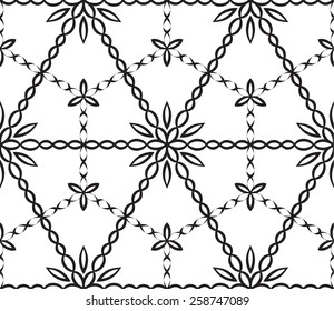 Seamless turkish geometric pattern with monochrome small flowers, leaves and hexagons.