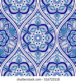 Seamless turkish pattern in blue and white. Endless pattern can be used for ceramic tile, wallpaper, linoleum, textile, invitation card, wrapping, web page background. Traditional Turkish ornament