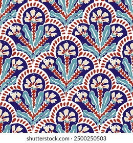 Seamless Turkish pattern. Ethnic and tribal motifs. Cute wavy print. Vintage watercolor flowers. Blue and red colors.