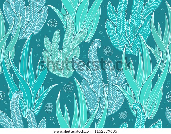 Seamless turquoise wallpaper. Underwater pattern with repeated sea weeds with white contour. Hand-drawn blue colorful print for textile, paper design, backgrounds. Ocean bottom sketchy ornament on dark background