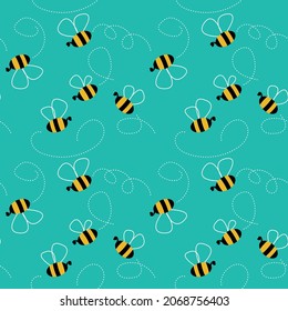 Seamless turquoise background with bees for childrens textile design. Minimalistic design.
