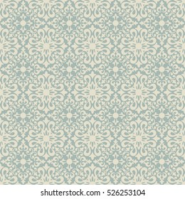 Seamless turquoise background with beige pattern in baroque style.