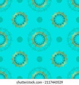 El fondo turquesa es impecable, con motivos orientales circulares y oro. Textura de encaje con estampado. Ilustración vectorial.