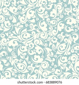 Seamless turquoise background with light pattern in baroque style. Vector retro illustration. Ideal for printing on fabric or paper.