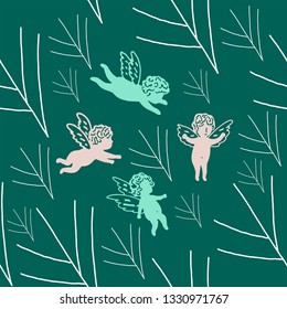Seamless turquoise background with romantic angels with branch. Angels flying behind the branch. Flying angels in the sky. Angels with wings fly to meet each other
