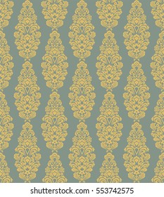 Seamless turquoise background with yellow pattern in baroque style. Vector retro illustration.  Ideal for printing on fabric or paper.