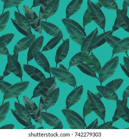 Seamless Turquoise Banana Leaves Light Cyan Background Vector Pattern
