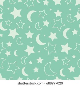 Seamless Turquoise Crescent Moon And Stars Night Sky Magical Pattern Vector